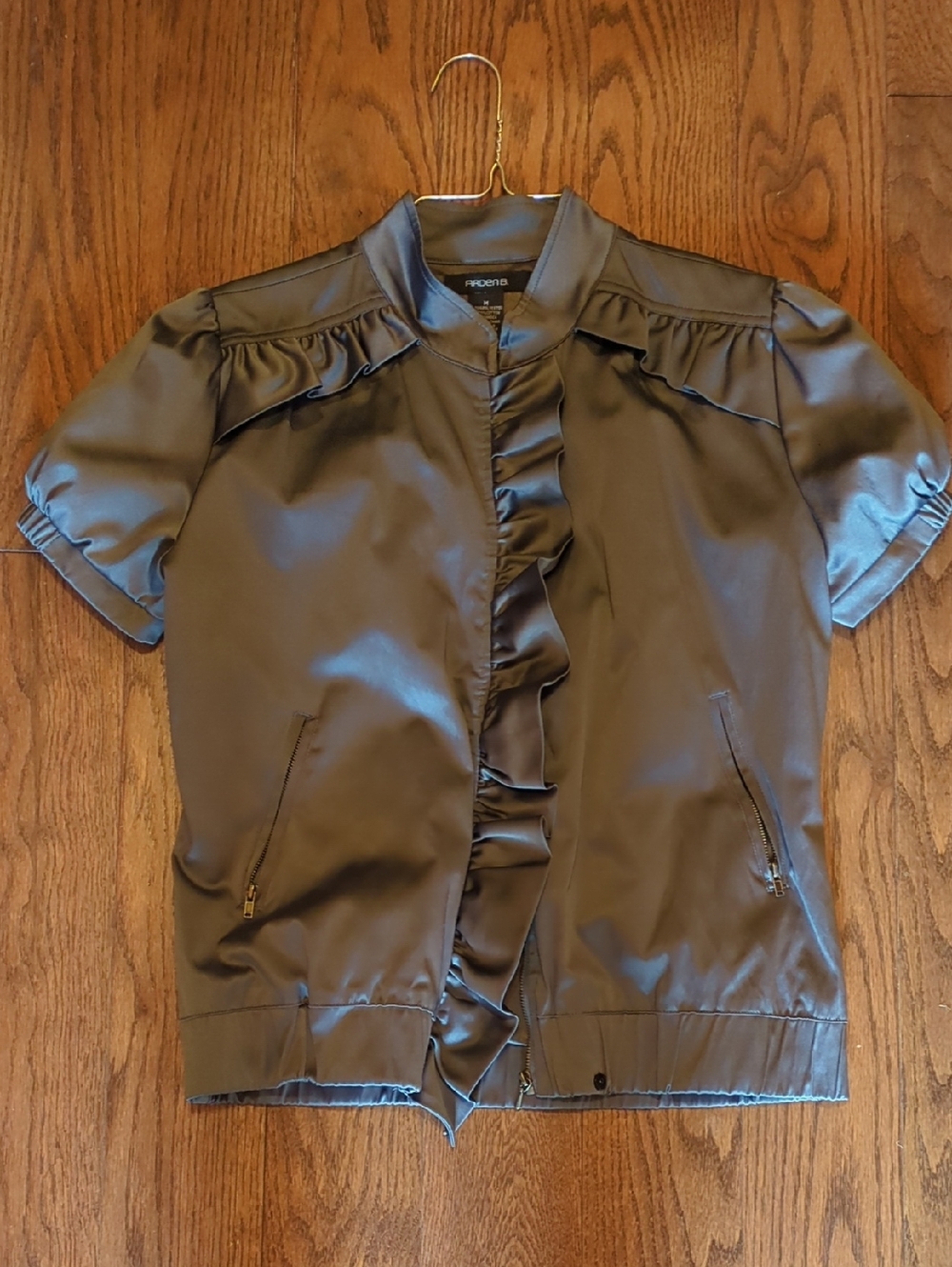 Arden B  Satin Short-Sleeve Ruffle Zip Front Top